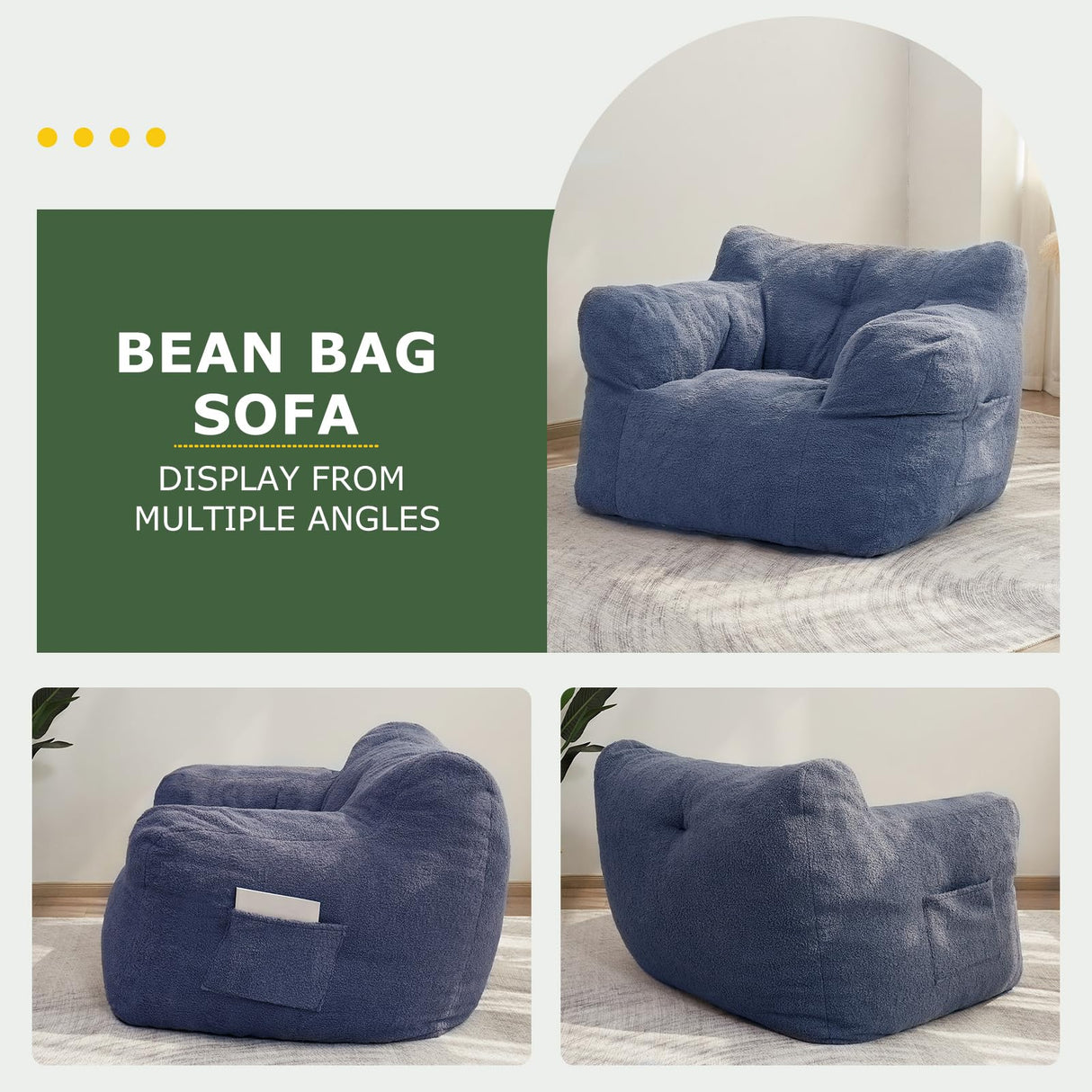 HIGOGOGO Giant Bean Bag Chairs,Big Comfy Chair Sofa for Bedroom Living Room, Large Lazy Bean Bag Chair with Pocket Armrests for Gaming, Reading HIGOGOGO