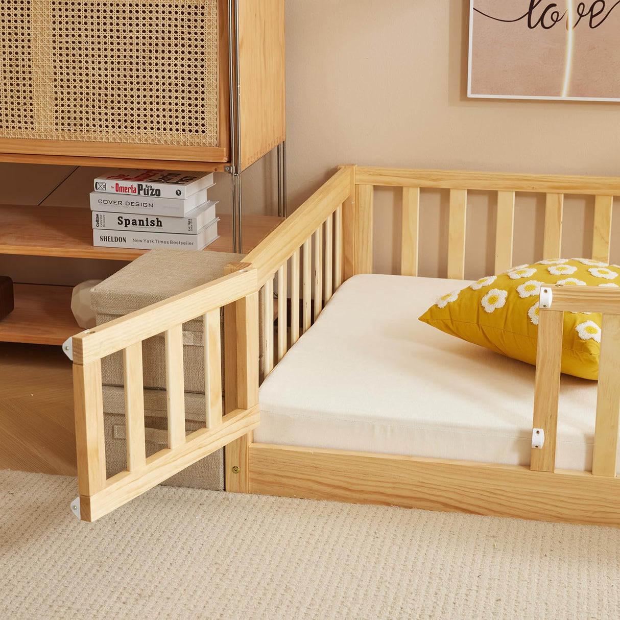 Karl home Toddler Floor Bed with Door and Fence for Kids, Montessori Bed with 12 Slats and Safety Guardrails,Kids Bed Solid Wood Twin Bed Frame for Girls, Boys (Natural) Karl home