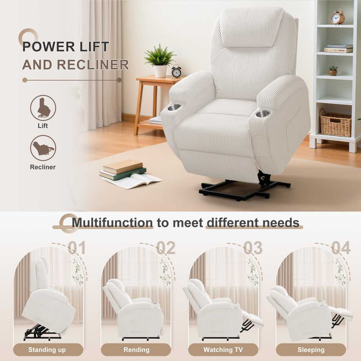 Flamaker Power Lift Recliner Chair Electric Lift Recliner for Elderly Power Lift Recliner Chair with Cup Holders Side Pockets for Living Room (Corduroy, Beige) Flamaker
