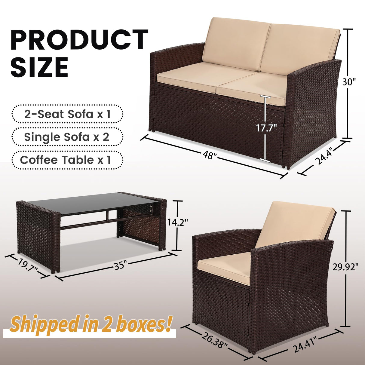 KROFEM 4 Pieces Patio Conversation Set, Outside Rattan Sectional Sofa, Cushioned Furniture Set, Wicker Sofa Ideal for Garden, Porch, Backyard, Brown Color Rattan and Beige Cushion KROFEM