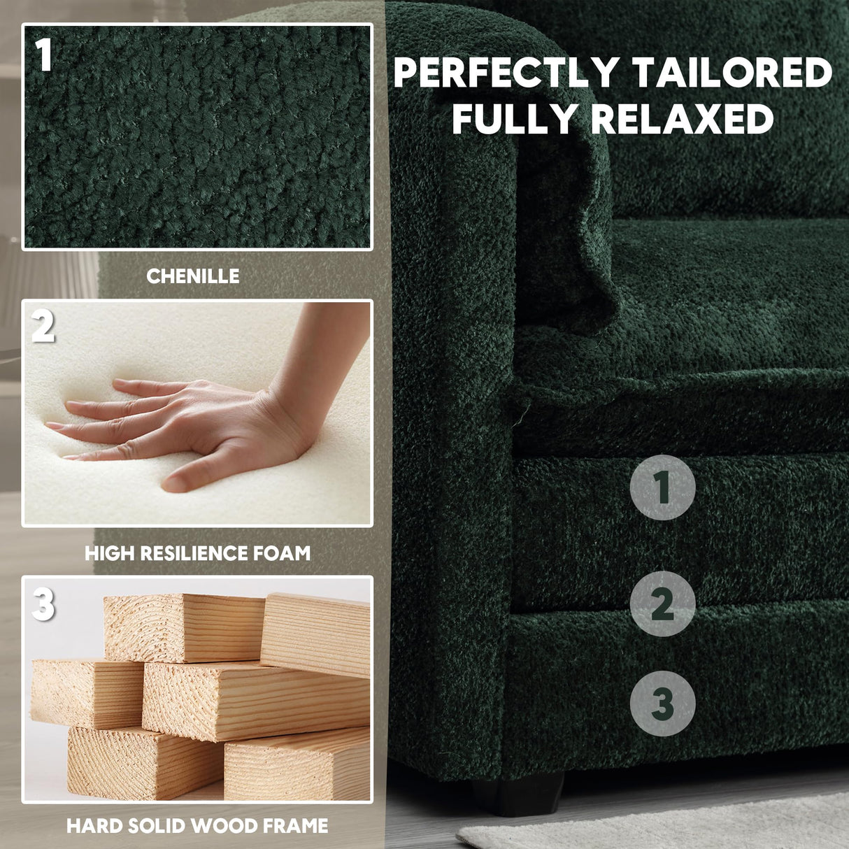 ZEIINPA L Shaped Sectional Sofa Cloud Couch for Living Room, 77" Chenille Comfy Boucle Modular loveseat Sofa, Modern Upholstery Sofa with Ottoman & Memory Foam, Emerald Green ZEIINPA