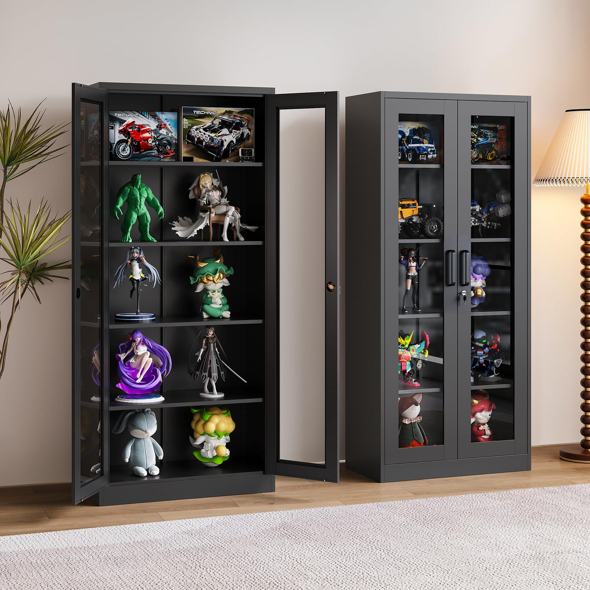 SISESOL Metal Storage Cabinet with Lock and Glass Doors,Glass Display Cabinet,67" Tall Black Storage Cabinets,Locking Curio Cabinets with 5 Shelves for Collectibles,Home,Office,Living Room SISESOL