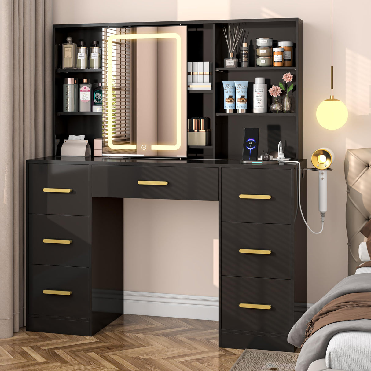 47'' W Large Vanity Desk with Mirror and Lights, 8 Storage Shelves 7 Drawers Vanity Table, Big Makeup Vanity Desk with 3 Lighting Modes, Vanity Dresser with Charging Station, Sliding Mirror (Black) knoworld