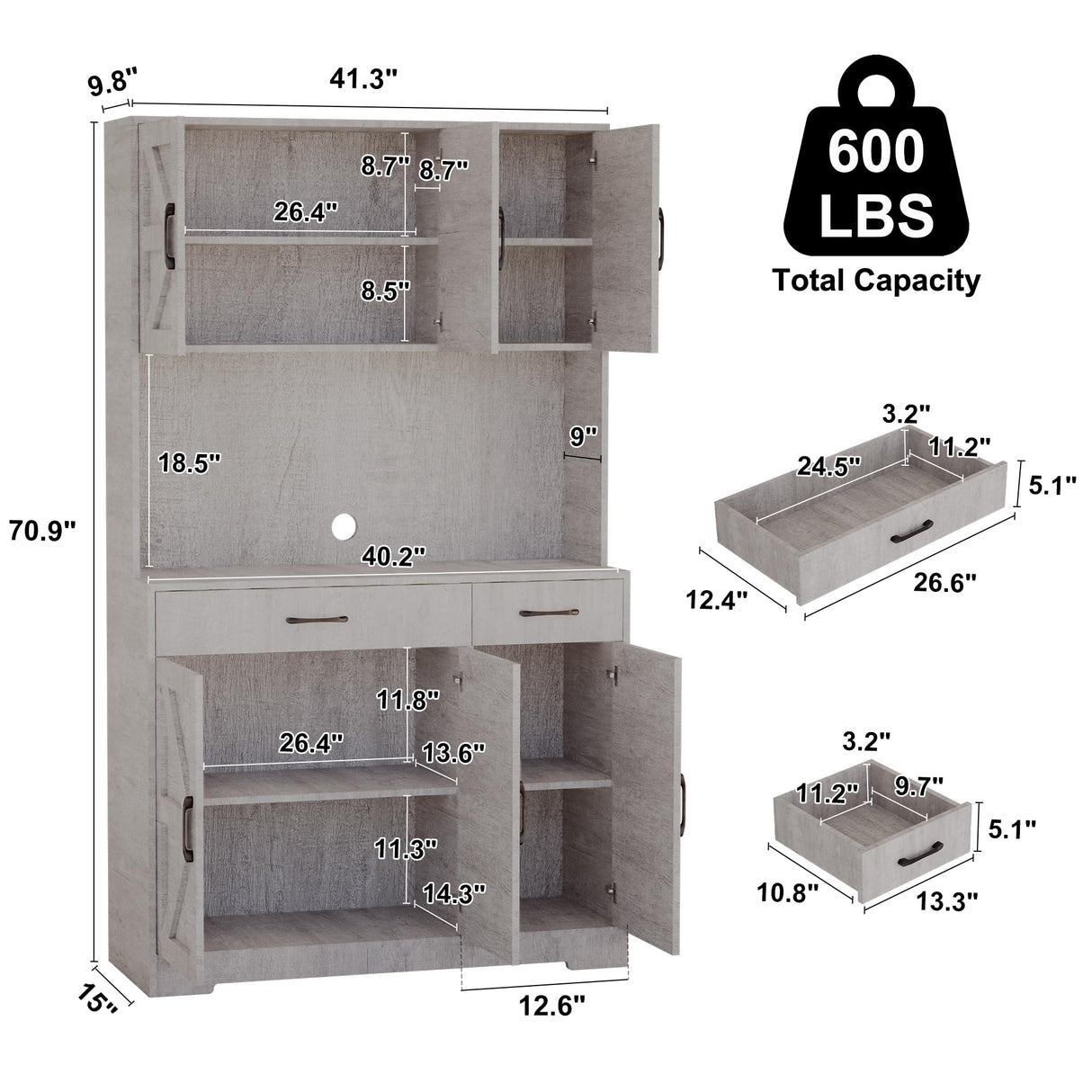 Azaeahom 71" Pantry Cabinet with Charging Station, Kitchen Storage Cabinet with Microwave Stand, 8-Zone Organization, 2 Smooth-Glide Drawers, Open Countertop for Dining, Kitchen, Living Room (Gray) Azaeahom