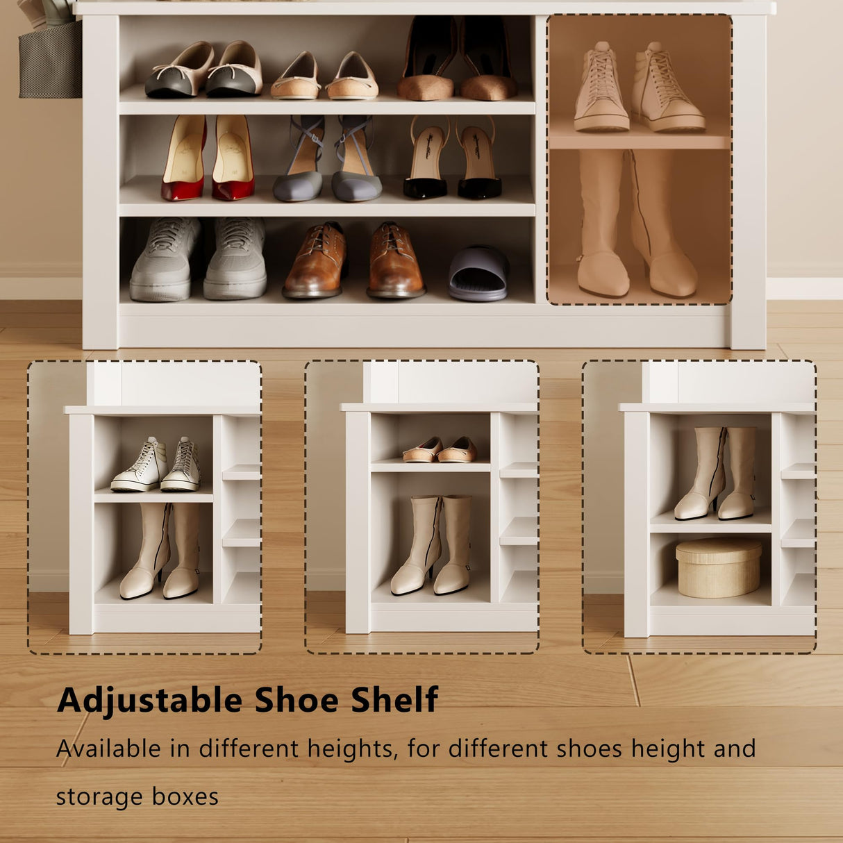 Aiho Hall Tree with Bench and Shoe Storage, 3-in-1 Entryway Bench with Coat Rack, Hall Tree with Bench with Adjustable Shoe Storage, 2-Tier Top Storage, for Entryway, Hallway, White Aiho