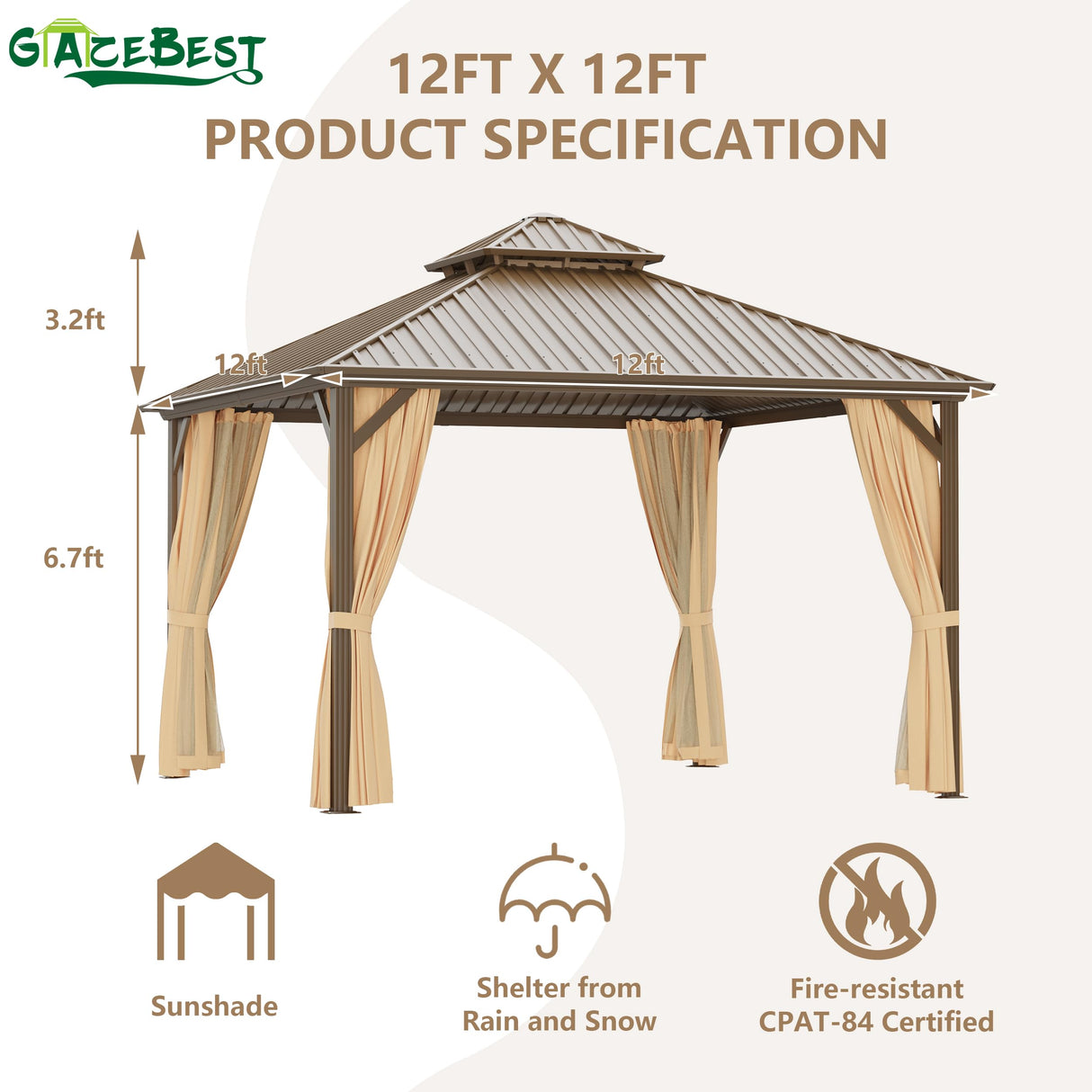 GAZEBEST 12x12 ft Hardtop Gazebo Outdoor Aluminum Patio Gazebo Double Roof Galvanized Steel Gazebo Canopy with Netting and Curtains,for Garden Patio,Patio Backyard,Deck and Lawns GAZEBEST