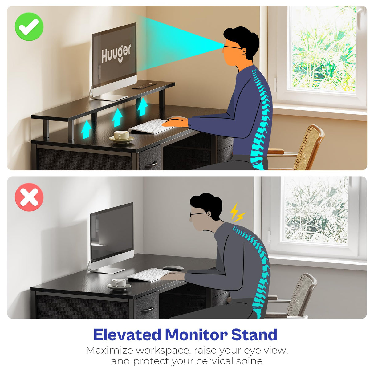 Huuger 55 inch Computer Desk with 4 Drawers, Gaming Desk with LED Lights & Power Outlets, Home Office Desk with Large Storage Space for Bedroom, Work from Home, Black Huuger