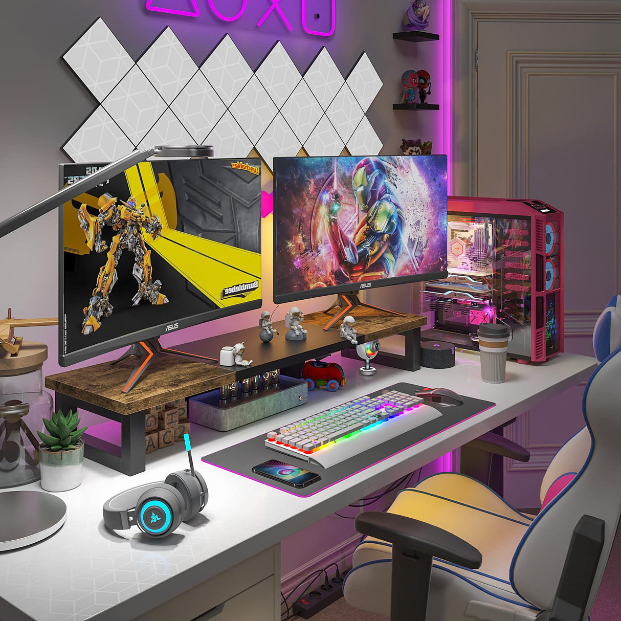 WESTREE Dual Monitor Stand Riser, Wood and Steel Monitor Stand Riser, Computer Monitor Stand for 2 Monitors, Multi-Purpose Desktop Storage Stand for Computer,Laptop,Printer,TV WESTREE