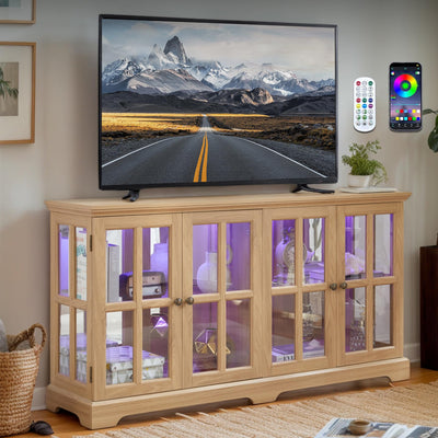 59" W LED Curio Cabinet with 7 Color Lights, Vintage Glass Display Case with Glass Doors, Smartphone-Controlled, Short Wooden China Cabinet with Adjustable Shelves for Living Room, Entryway(Light Oak)