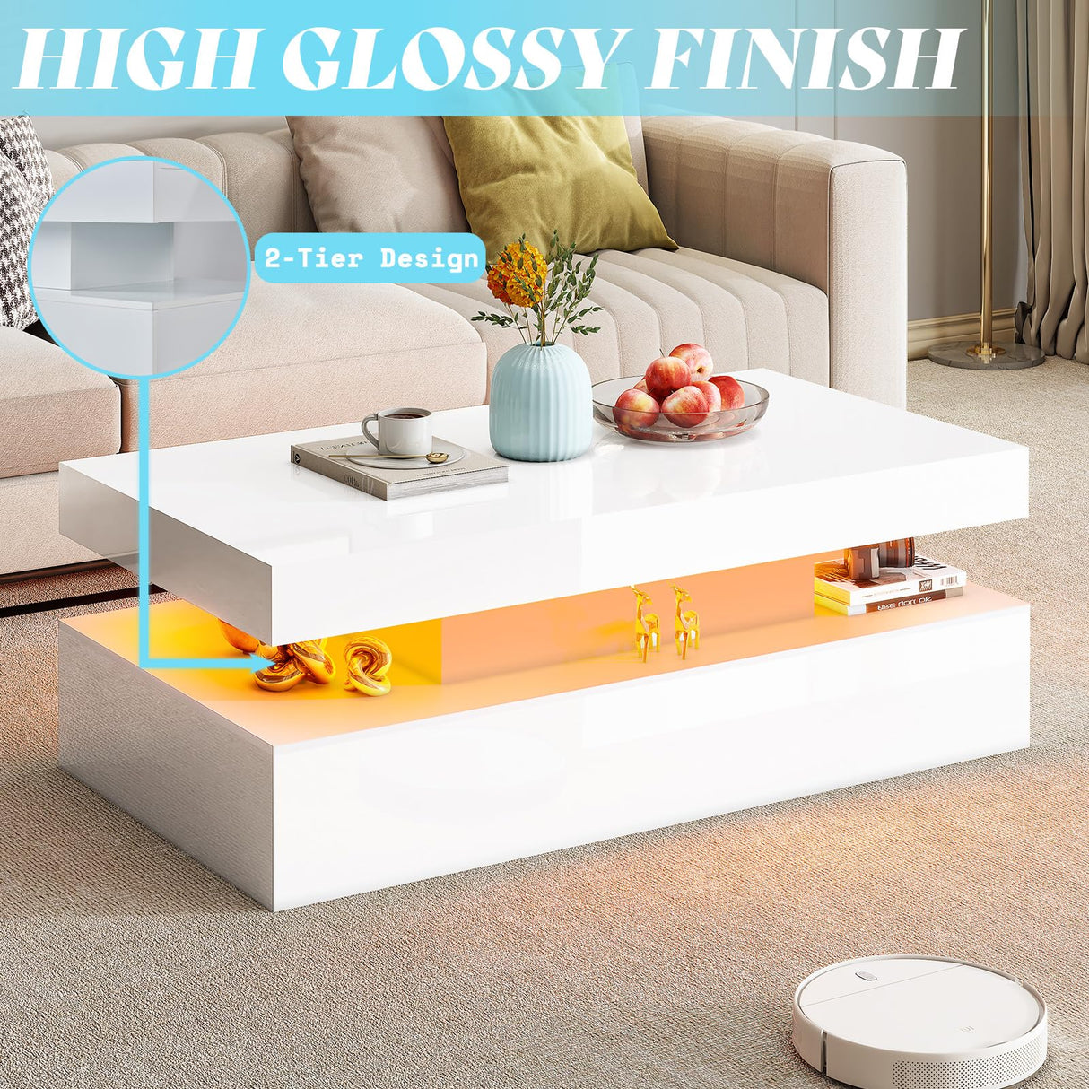 AMERLIFE High Gloss 3 Pieces Living Room Table Set, Modern LED Coffee Table Sets of 3, 2-Tier Center Table with 2 End Side Tables, LED Lights Bedside Table Nightstands with Charging Station, White AMERLIFE