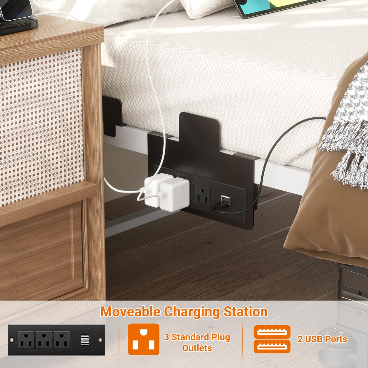 Cyclysio King Metal Bed Frame with Headboard, King Size Bed Frame with Charging Station and LED Lights, Height Adjustable PU Leather Headboard, Strong Metal Slats Support, No Box Spring Needed, White Cyclysio