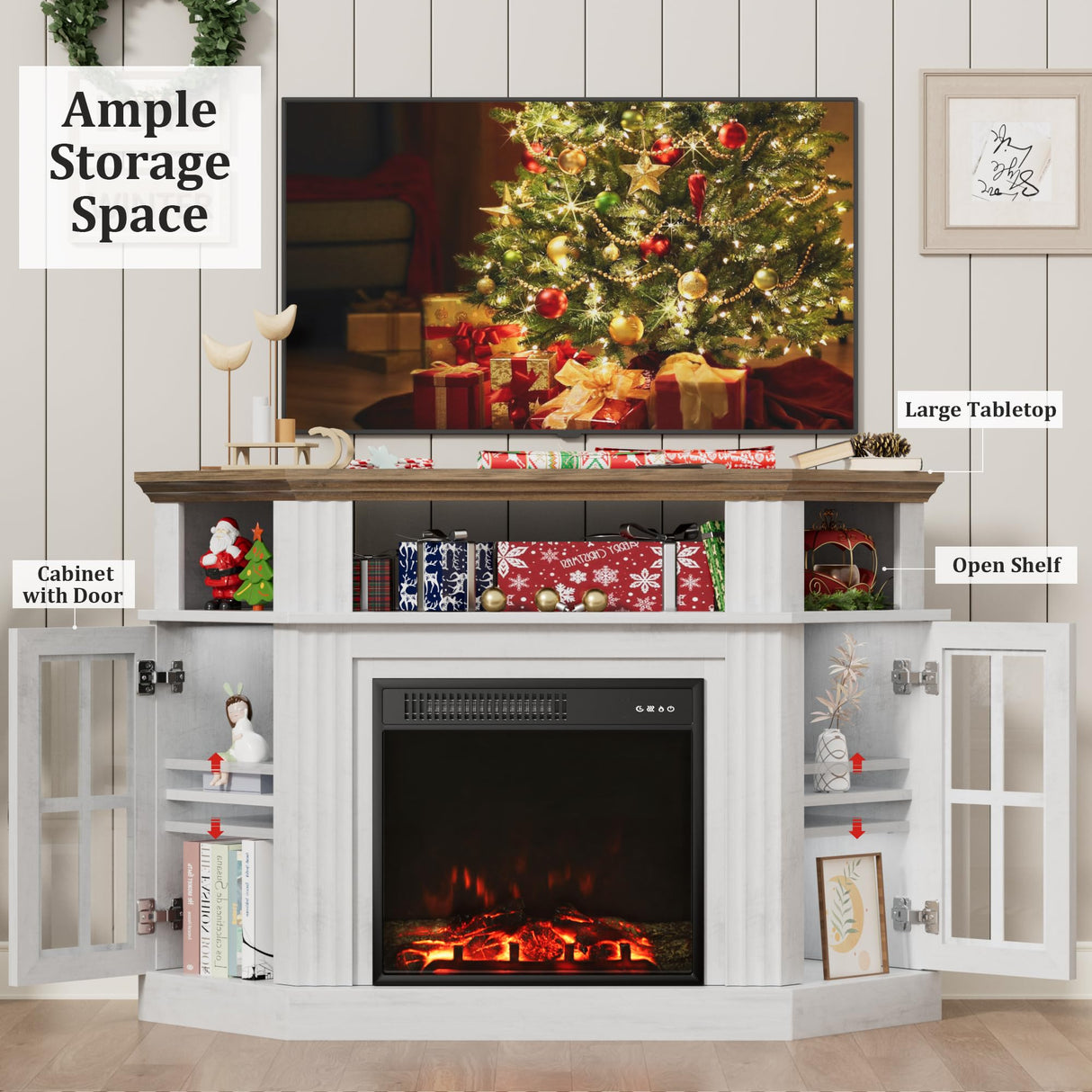 Flamaker Fireplace Corner TV Stand for TVs up to 55 Inch, Entertainment Center with 18" Fireplace, TV Console Table with Glass Door Storage Cabinet and Open Shelf (White) Flamaker