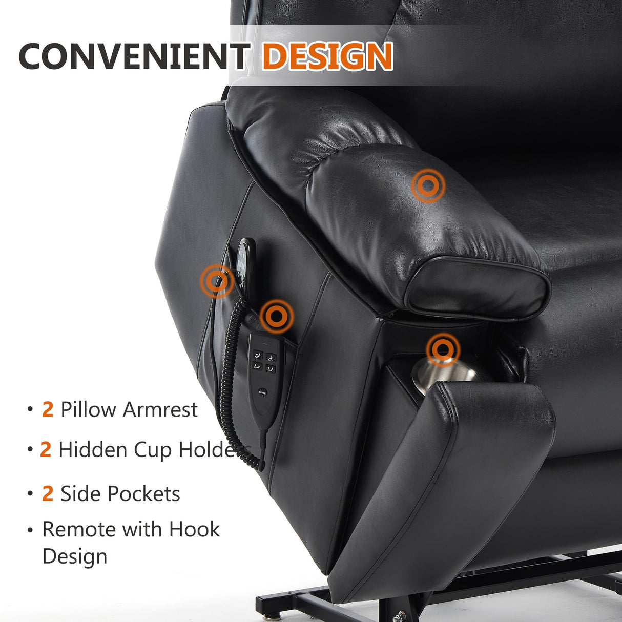 EZZUP Dual Motor Power Lift Chair for Elderly with Vibration Massage and Lumbar Heating for Living Room, Electric Lay Flat Recliner with Cup Holders Remote Controls, Medium-Firm Faux Leather, Black EZZUP