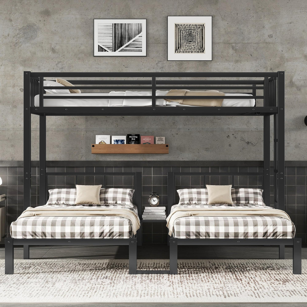 Mirightone Metal Triple Bunk Bed for Kids,Heavy Duty Triple Twin Bunk Bed with Ladder & Storage Shelf, Convertible 3 Bed Bunk Beds for Girls Boys Teens,Can be Separated into 3 Beds, Black Mirightone