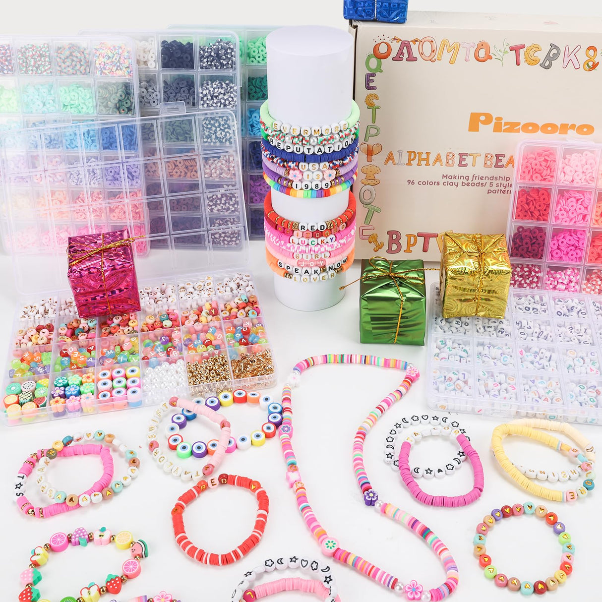 Pizooro Friendship Bracelet Kit with 96 Colors,13440 Clay Beads,1470 Letter Beads for Jewelry Making - 5 Styles of Round Alphabet, Number& Pattern Beads with 4 Elastic Strings, Crafts Gift for Teens Pizooro