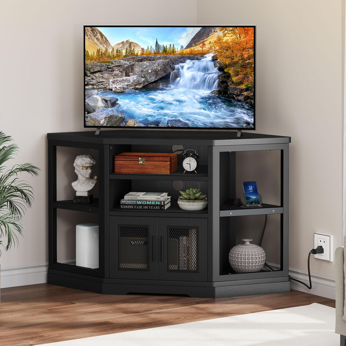 DWVO Farmhouse Corner TV Stand for Living Room, TV Stand for 55 Inch TV, Entertainment Center with Storage and Power Outlet, TV Console Cabinet, Black DWVO