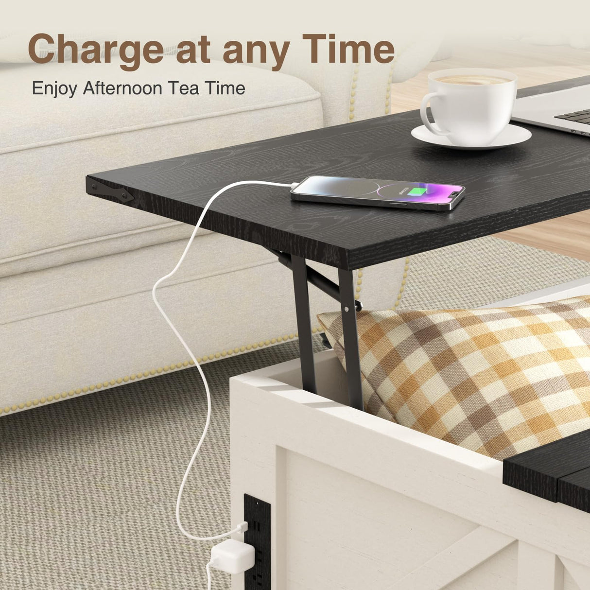 Vabches 31.5" Lift Top Coffee Table with Storage, Farmhouse Square Coffee Tables for Living Room, Center Table with Charging Station and Hidden Space, White Vabches