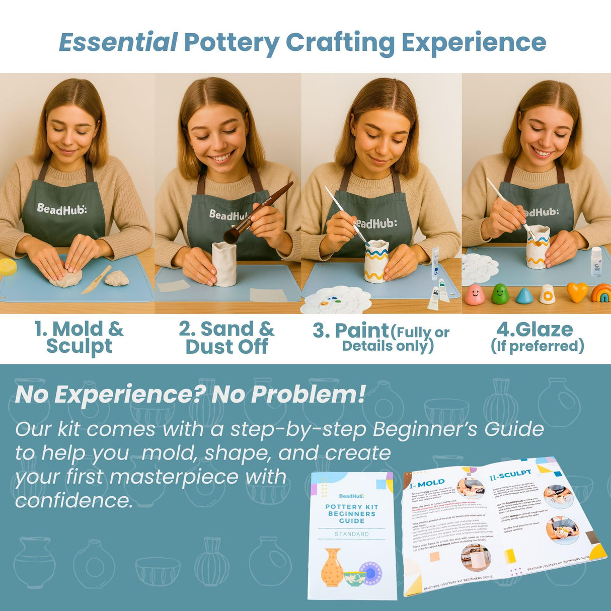 Pottery Kit for Beginners 2.2Lbs Air Dry Clay for Adults with Sculpting Tools, Paint, Glaze, Air-Dry Modeling Clay Molding, Sculpt & Painting Set, Hobby Date Night DIY Art Craft Kits -Standard (White) BeadHub