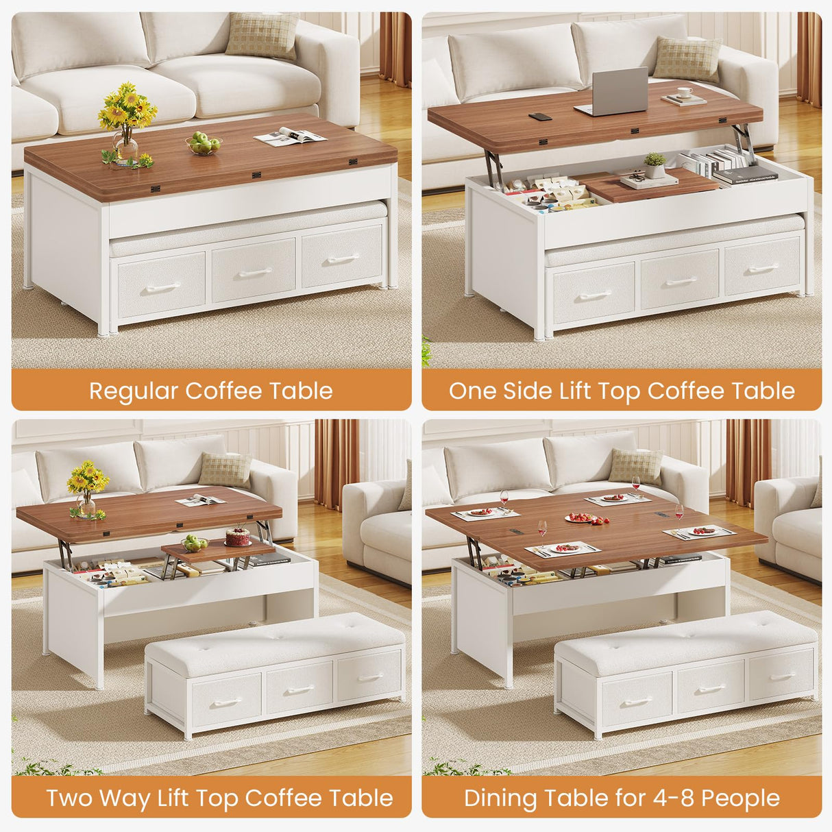 Itaar Lift Top Coffee Table Set, 43'' Multi-Function Coffee Table with Storage Drawers and Hidden Compartment, Center Table with Ottoman Bench for Living Room, White Itaar