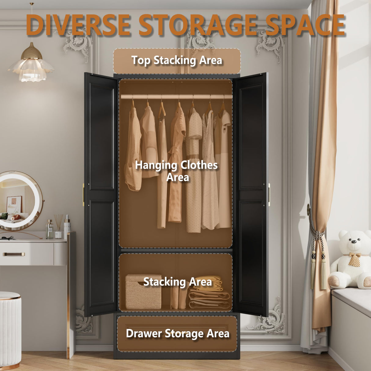 Polup Metal Armoire Wardrobe Closet with Drawer, 71“ Tall Wardrobe with Doors and Shelves, Metal Wardrobes Closet with Hanging Rod, for Bedroom, Black, Assembly Required Polup