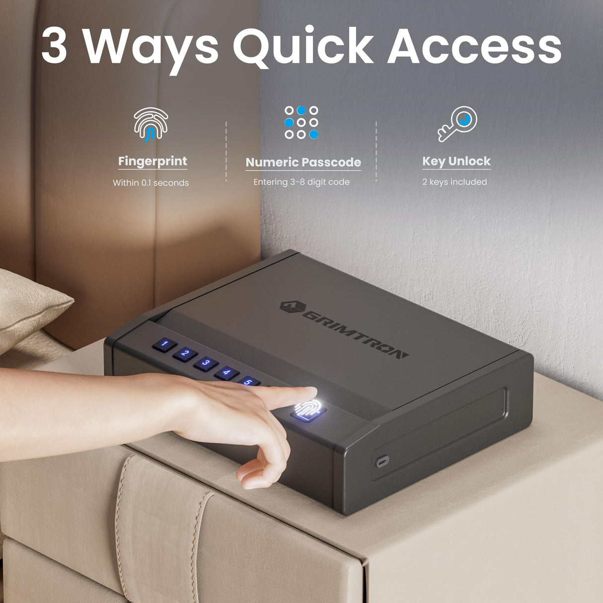 Grimtron Biometric Gun Safe for Handgun โ Quick Access Pistol Safe with 100 Fingerprints, Backlit Keypad & Backup Keys โ Gun Lock Box for Nightstand, Bedside, Car, Truck & Vehicle Use Grimtron