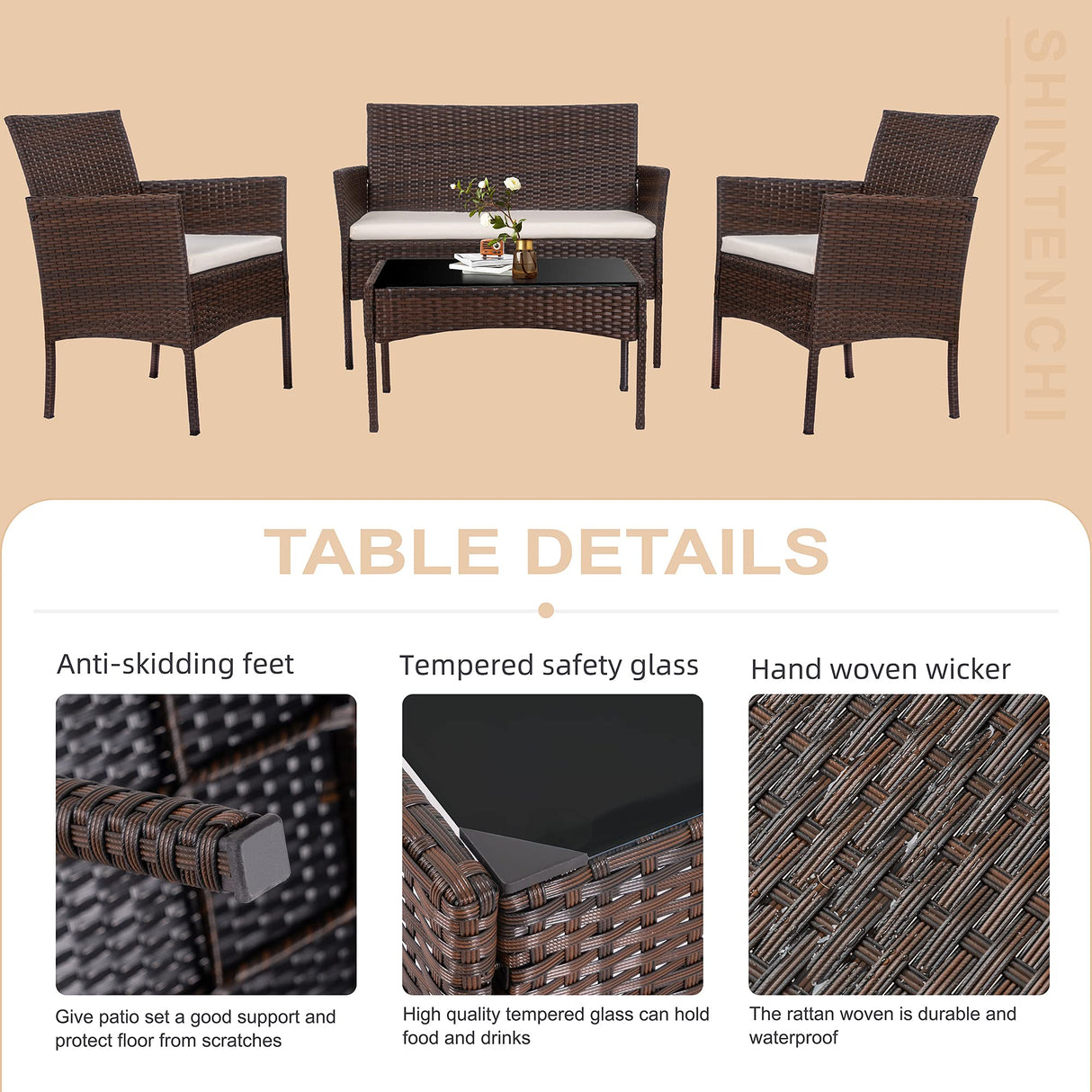 Shintenchi 4 Piece Outdoor Patio Furniture Set, Wicker Rattan Patio Conversation Set, Outdoor Chairs and Loveseat with Coffee Table for Porch, Yard & Poolside (Brown) Shintenchi