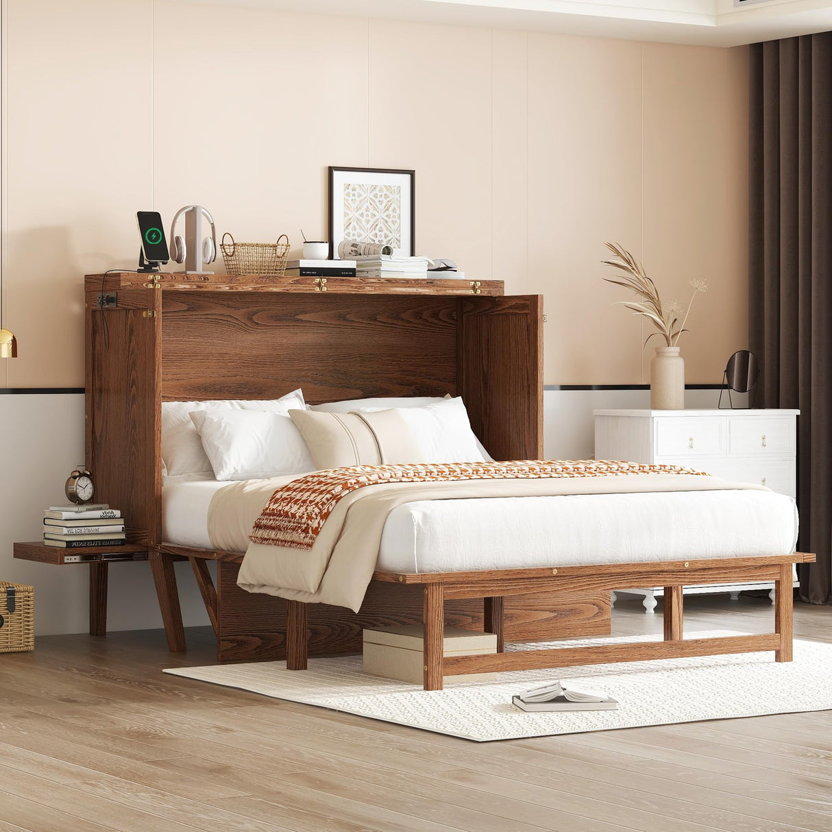 KEIKI Full Size Murphy Bed Cabinet - Pine Folding Bed with USB Charging, Removable Shelves & Desktop, Converts to Cabinet (Mattress Not Included), Walnut KEIKI