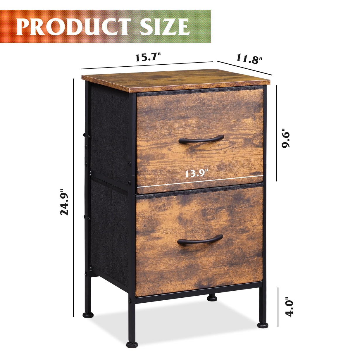 WLIVE Night Stand with Drawers, Dresser for Bedroom with 2 Fabric Drawer, Small Bedside Tables, Nightstand End Table Furniture, College Dorm, Rustic Brown Wood Grain Print, Size L WLIVE