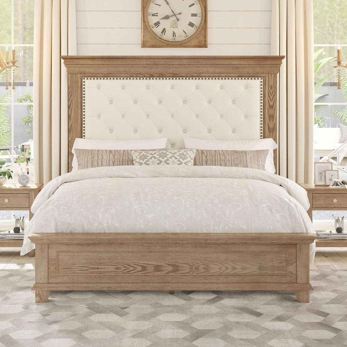 YUMPIE Queen Rustic Solid Wood Bed Frame With 68" Tall Headboard, Farmhouse Chenille Upholstered Panel Platform Bed Mattress Frame, Button Tufted/Antique Brass Nail Trim/No Box Spring Needed, Milk Ash YUMPIE