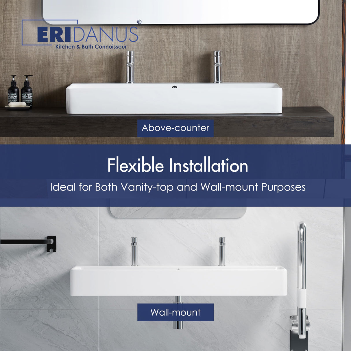 Eridanus Bathroom Sink Rectangle 43" x 16", Two Hole Vitreous Ceramic Vessel Sink, Countertop & Wall Mount, Modern Porcelain Vanity Floating Sink Art Basin Trough with Overflow, Glossy White Eridanus