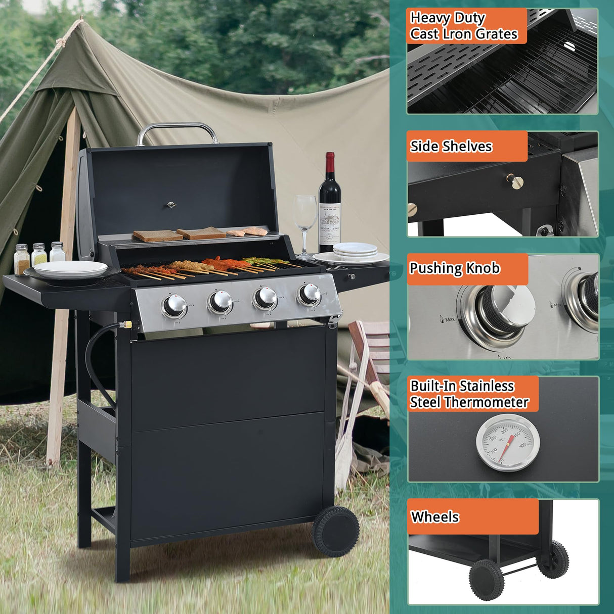 ARCLIS 4 Burner BBQ Gas Grill, Propane Grill with Side Shelves and Wheel Casters, 34,200 BTU Output Stainless Steel Outdoor Barbecue Cooking Grate for Kitchen and Patio Backyard ARCLIS