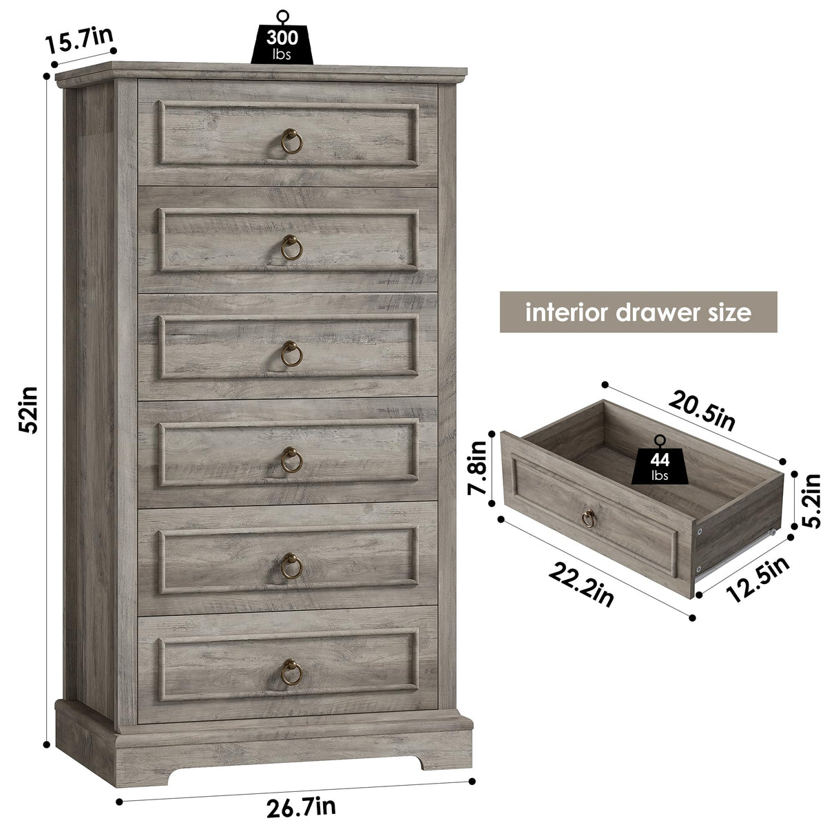 HOSTACK 6 Drawers Dresser, 52" Tall Dresser, Vertical 6 Drawer Dresser, Modern Farmhouse Chest of Drawers, Wood Closet Dresser Storage Dresser Chest for Living Room, Hallway, Entryway, Ash Grey HOSTACK