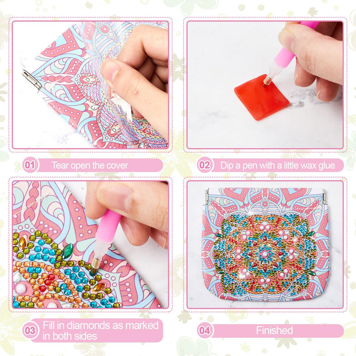Sanwuta 8 Pcs Mandala DIY Diamond Painting Coin Purse Holder Makeup Bags Bulk Cosmetic Wallet Diamond Painting Kits Pocket Sanwuta