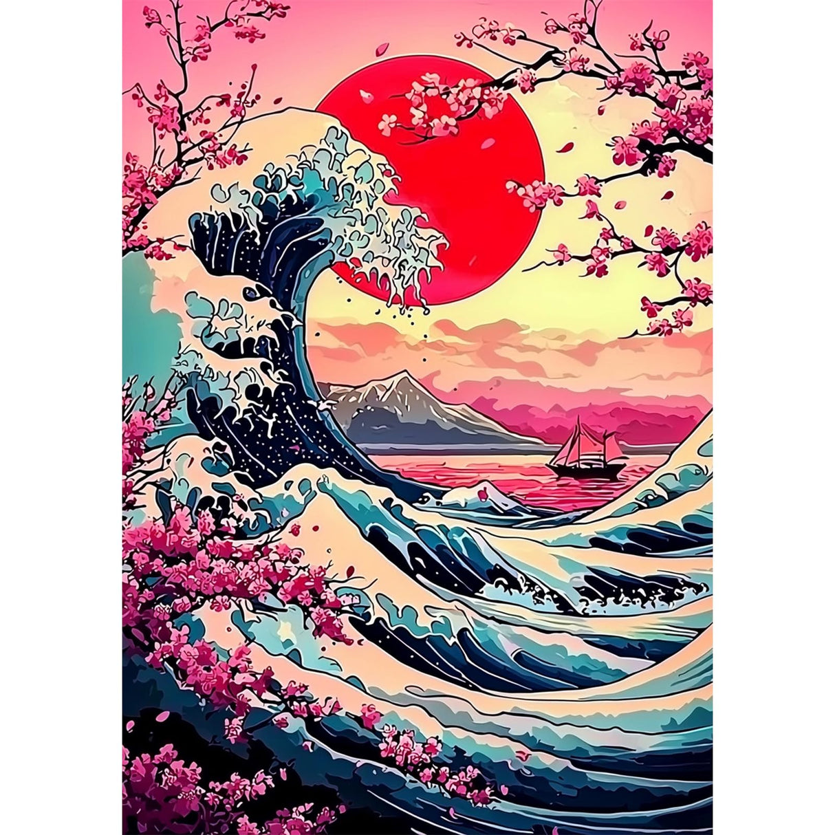 SENQAO Wave Diamond Painting Kits for Adults, Sunset Diamond Art Paintings Kit for Beginners, 5D Full Drill Diamand Paintings Kits, Gem Art Crafts for Adults Wall Decor 12x16inch (Cherry Blossom Tree) SENQAO