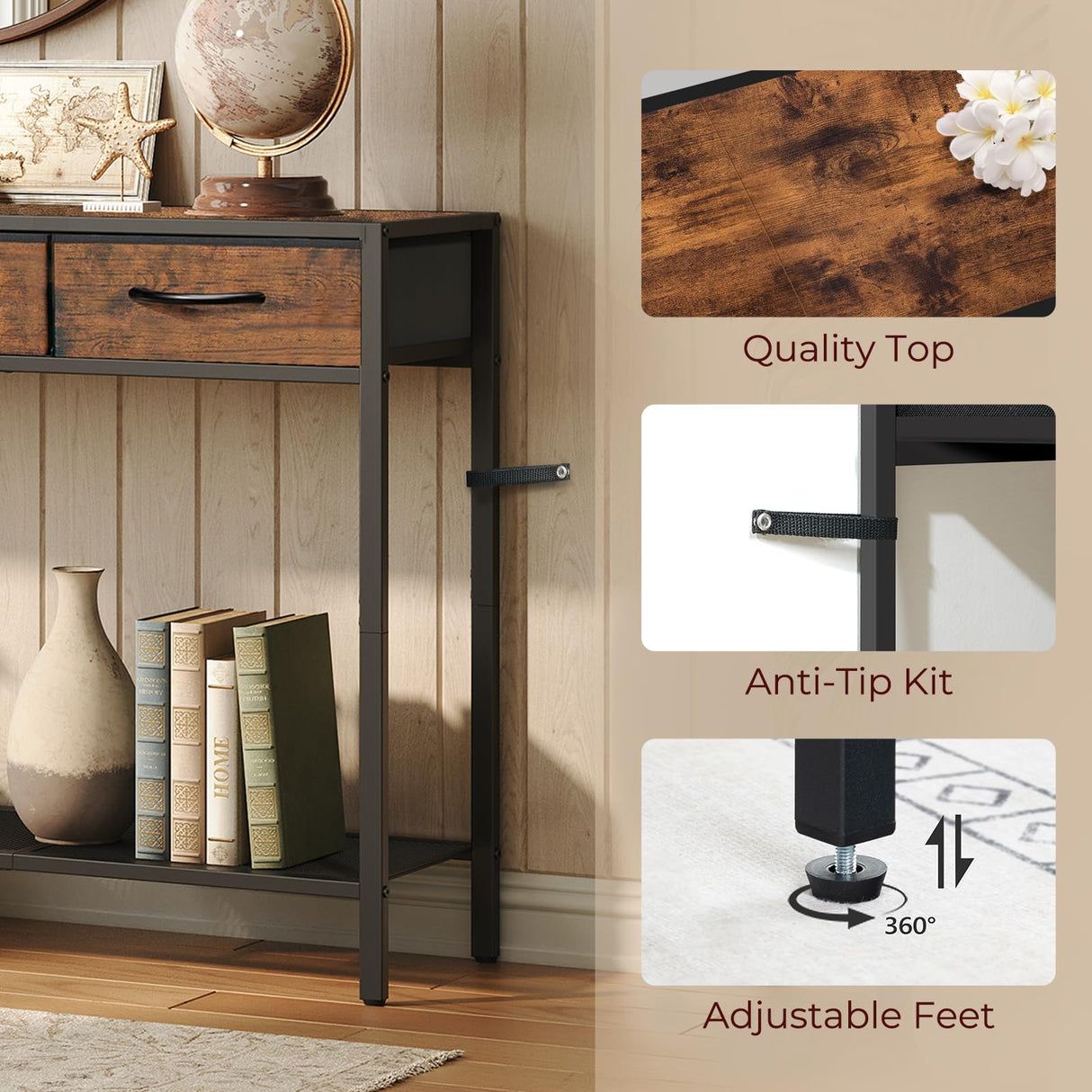 MAHANCRIS Console Table with Drawer, Industrial Entryway Table with Storage, Narrow Sofa Foyer Table for Living Room, Entrance, Hallway, Couch, Corridor, Rustic Brown and Black CTHR23301 MAHANCRIS