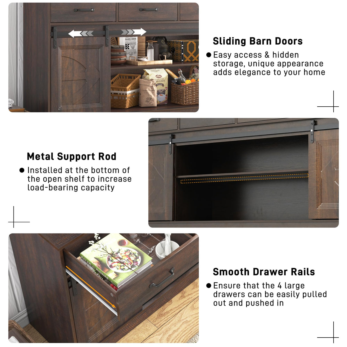 chartustriable 70” Large Long Buffet Sideboard Cabinet w/4 Drawer,Farmhouse Buffet Storage Cabinet,Sliding Door,Buffet Coffee Bar Cabinet, Credenza for Living Room, Brown chartustriable