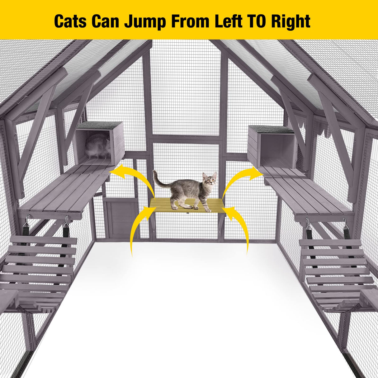Aivituvin Cat Run Large Cat Enclosure Wooden Cat Catio Outdoor Kitty House with Bridges, Walks, Small Houses, Roof Cover 110 Inch Aivituvin
