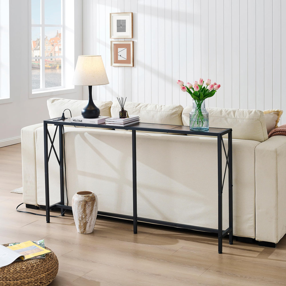 Gewudraw Console Table with 2 AC Oulets & 2 USB Ports, 55.1" Narrow Sofa Table, Entryway Table, Industrial Sofa Table for Hallway, Living Room, Bedroom, Long Console Table, 6.5 Feet Power Cord Gewudraw