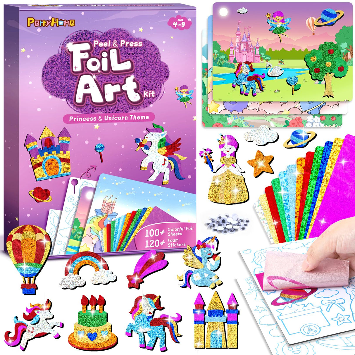 PERRYHOME Foil Arts and Crafts for Kids Ages 4-8 -DIY Unicorn & Princess Foil Foam Stickers Fun,Mess Free Kids Crafts,Creative Christmas Birthday Gifts Toys for 4 5 6 7 8 Year Old Girls PERRYHOME
