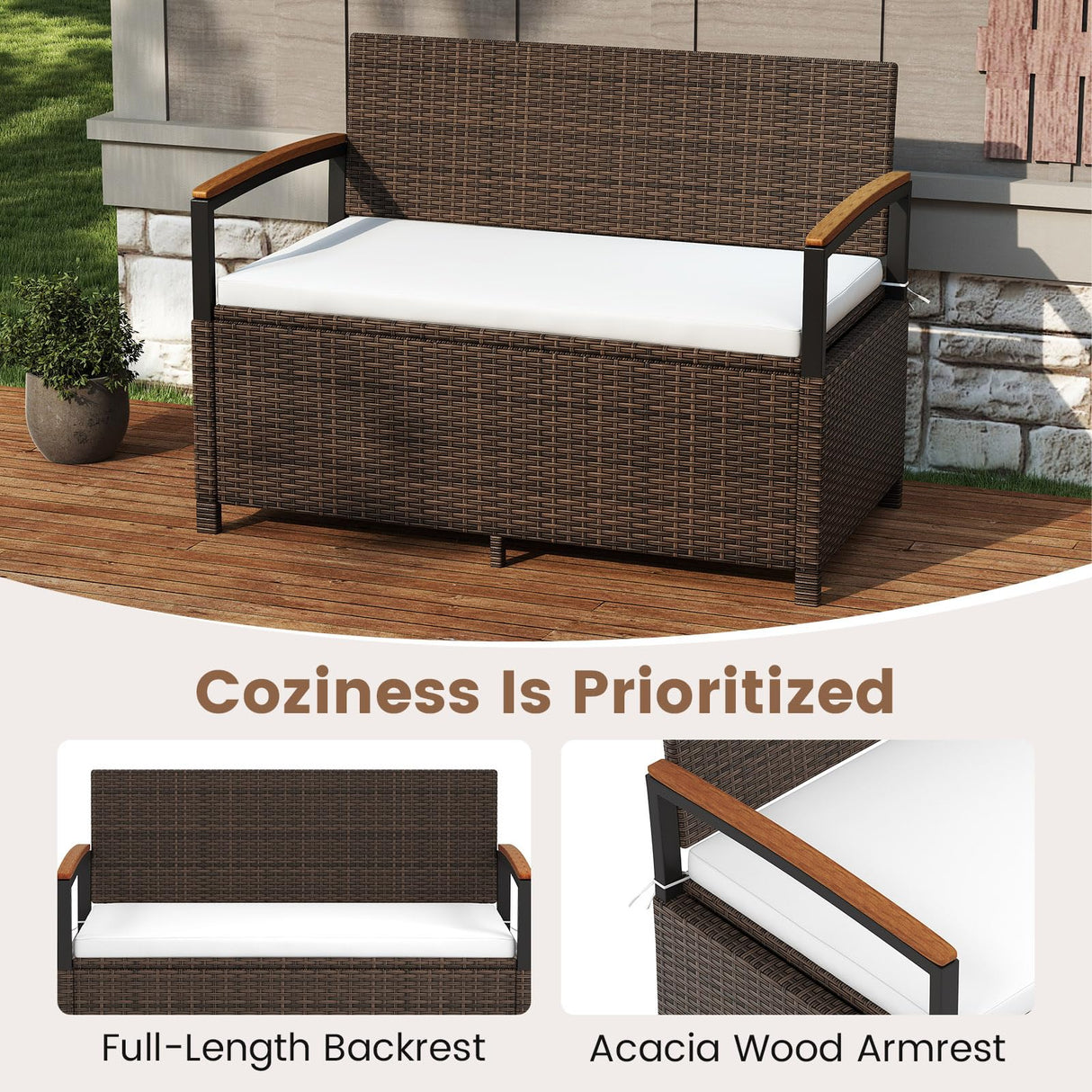 RELAX4LIFE Wicker Outdoor Storage Bench - Rattan Deck Box w/Protective Liner for Patio Furniture Pillows, Pool Supplies & Garden Tools, Porch Loveseat with Seat Cushion, Acacia Wood Armrests RELAX4LIFE