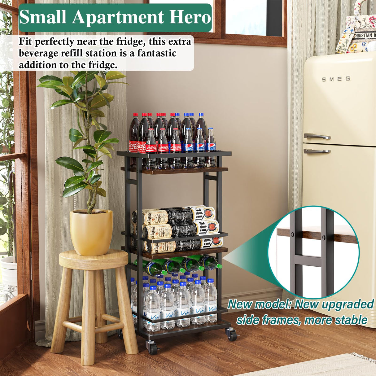 OKZEST 4-Tier Liquor Cabinet with Wine Rack, Mini Bar Cart for Home, Small Liquor Bar for Alcohol, Rolling Kitchen Serving Cart on Wheels, Wine Drink Cart for Party, Bar Stand for Small Space OKZEST