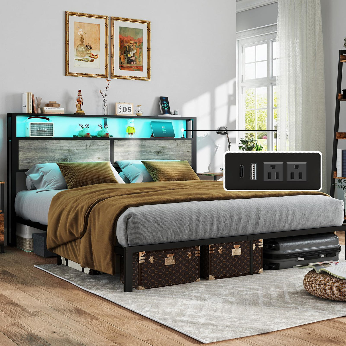 King Size Bed Frame with Headboard, Metal Platform Bed Frame with LED Lights & Charging Station, Under Bed Storage, Solid and Stable, No Box Spring Needed, Noise Free, Easy Assembly, Rustic Grey RVONOW