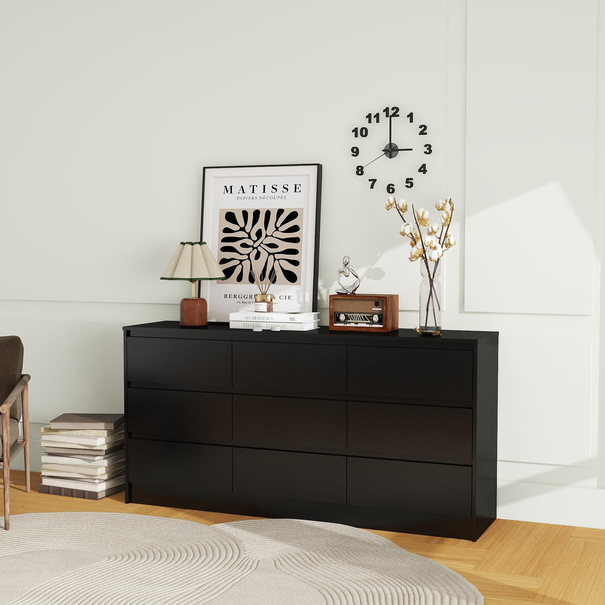 Modern 9 Drawer Wood Dresser for Bedroom, Large Floor Storage Drawer Cabinet Lateral Chest of Drawers Handle Free Organizer for Closet Living Room (Black, 9 Drawer) Panana