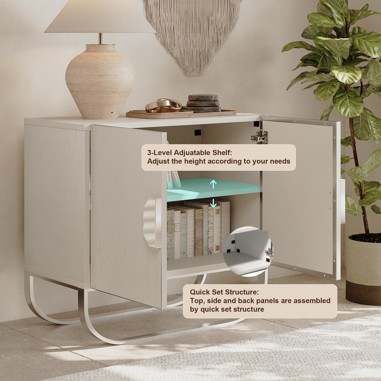 Clihome Sideboard Buffet Cabinet, 2 Door Console Cabinet TV Stand Wooden Credenza Storage Accent Cabinet with U-shaped legs for Bedroom, Living Room, Entryway, Cream White Clihome