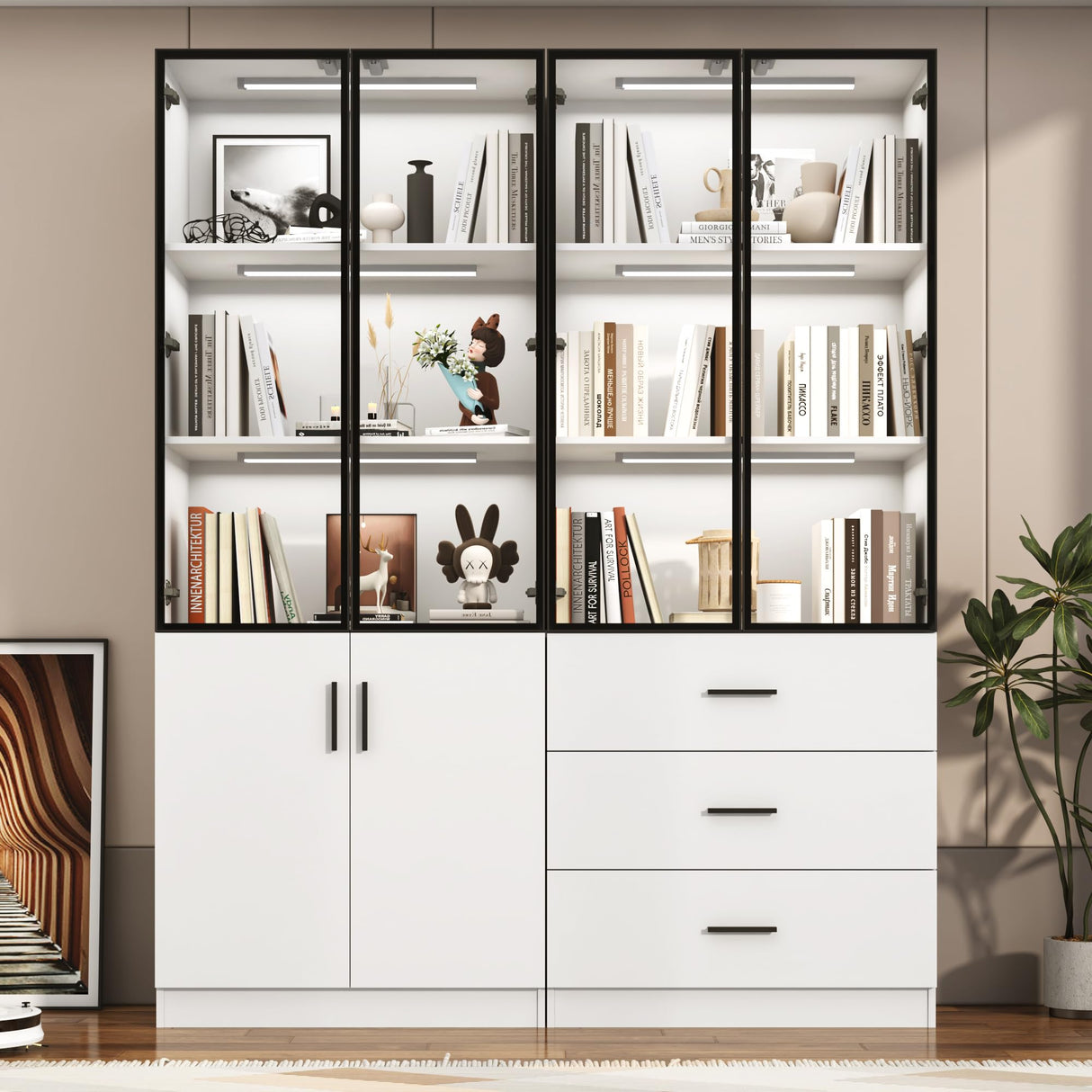 chartustriable 79" Tall Display Cabinet with LED Sensor Light & Pop-up Glass Doors, Modern Bookcase Curio Storage Cabinet for Bedroom, Living Room, Office, White chartustriable