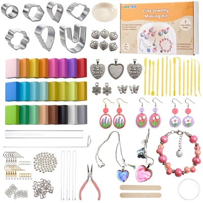 DIY Make Your Own Clay Jewelry Dish Craft Kit for Girls - Jewelry Dish Making Kit, w/24 Color Polymer Clay, 7 Circle Cutters, Rollers,212 pcs Earring Making Tools Arts and Crafts for Kids Ages 8+