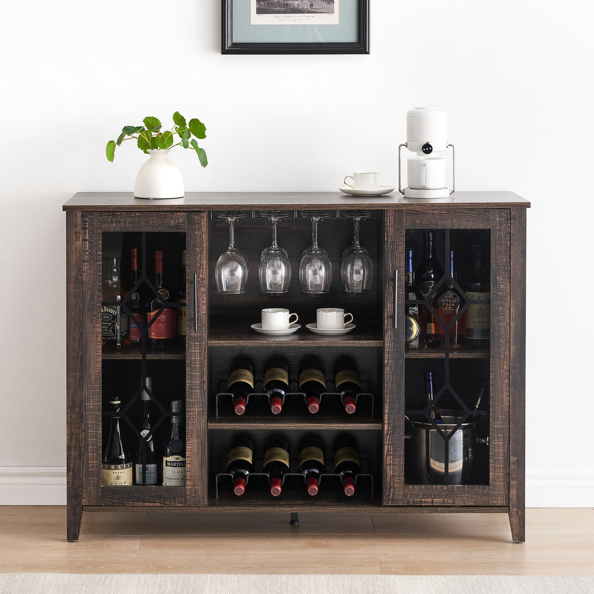 IDEALHOUSE Wine Bar Cabinet with Led Light,Home Coffee Cabinet with Wine and Glass Rack,Kitchen Buffet Sideboard with Storage,Liquor Cabinet for Bar,Dining Room,Kitchen(Dark Rustic Oak) IDEALHOUSE
