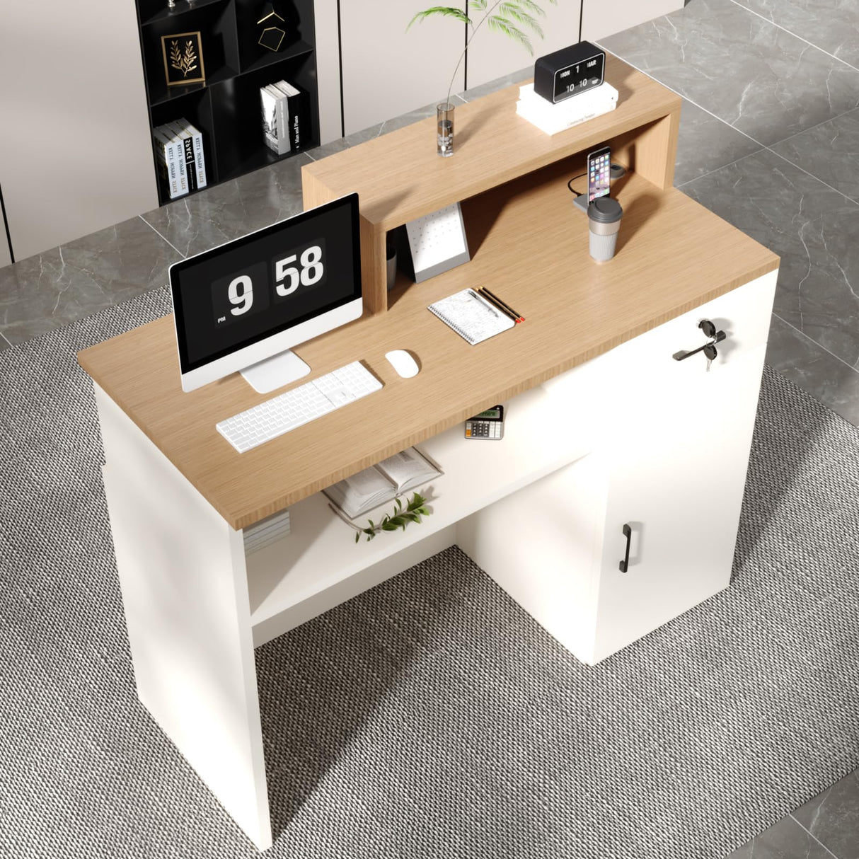 YTElantivo Reception Desk with LED Light and Locking Drawer – 47.2" Small Front Desk for Salon, Office, Retail, Lobby or Checkout Counter Use YTElantivo