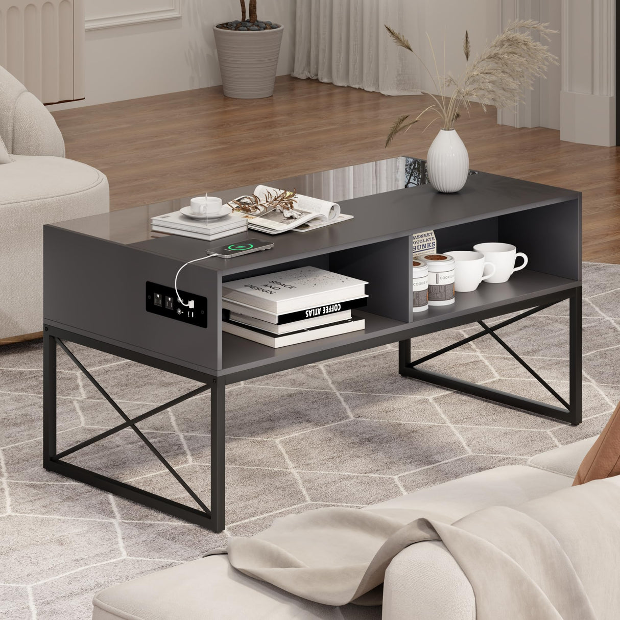 Glass Coffee Table with Storage, Grey Mid Century Modern Coffee Table for Living Room, Smart Led Light Wood Coffee Table HWB