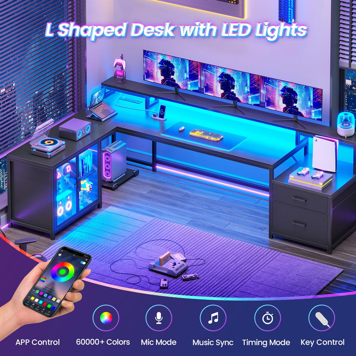 SEDETA L Shaped Gaming Desk, 78.7” Large Computer Desk with Drawers and Power Outlet & LED Light, Corner Gaming Desk with Storage Shelves, Display Cabinet for Home Office, Black SEDETA